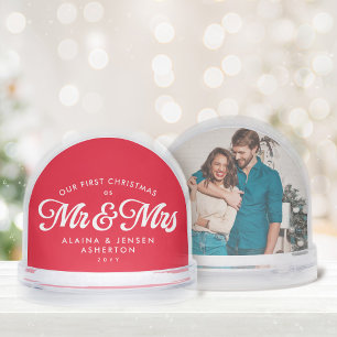 Newlywed first Christmas as Mr. and Mrs. red photo Snowglobe