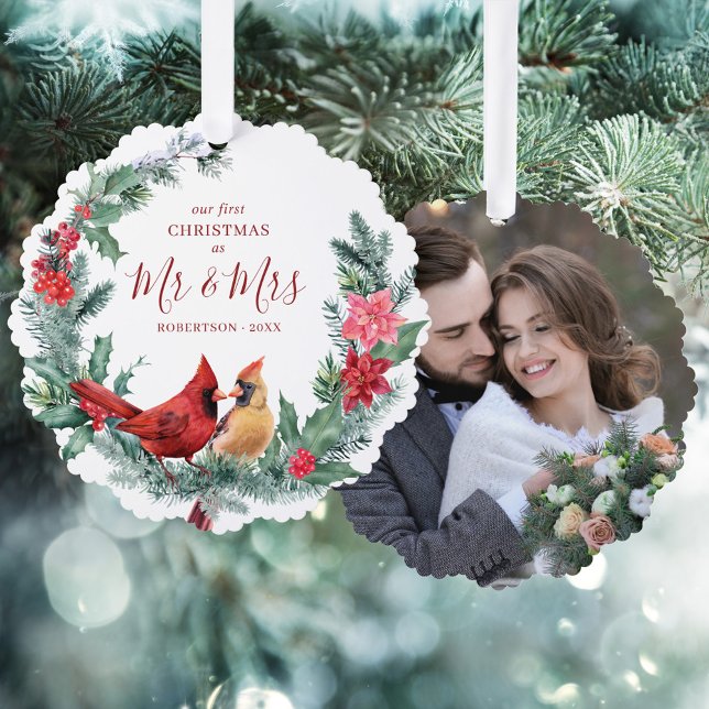 Newlywed First Christmas Cardinals Wreath Photo Tree Decoration Card (Creator Uploaded)