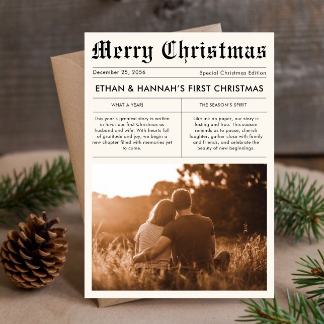 Newlywed First Christmas Newspaper Photo Unique Holiday Card (Creator Uploaded)