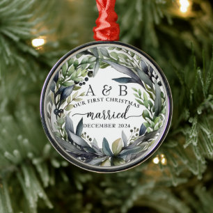 Newlywed First Christmas Personalised  Metal Tree Decoration