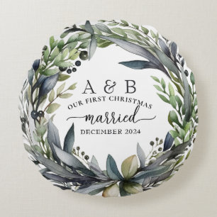 Newlywed First Christmas Personalised Round Cushion