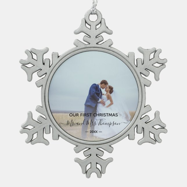 Newlywed First Christmas Photo Signature Script Snowflake Pewter Christmas Ornament (Front)