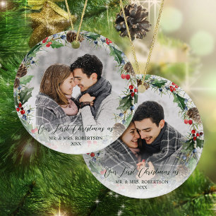 Newlywed First Christmas Photo Wreath Ceramic Tree Decoration