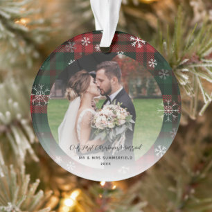 Newlywed First Christmas Plaid Snowflakes Holiday Ornament
