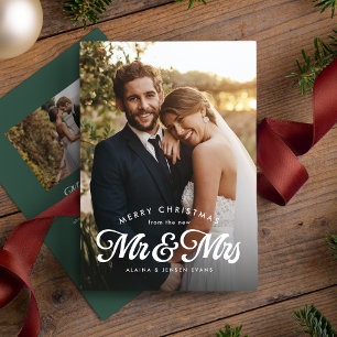 Newlywed first married Christmas green two photo Holiday Card