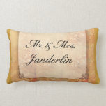 Newlywed floral gift lumbar cushion<br><div class="desc">Soft pastel colours of cream,  peach and brown with Mr. & Mrs. text and room to change the last name.  Fun design / gift for the newlyweds.</div>