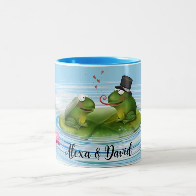 Newlywed Frogs On Lily Pad Two-Tone Coffee Mug (Center)