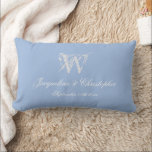 Newlywed Gift Chic Monogram Names Script Keepsake Lumbar Cushion<br><div class="desc">Newlywed Gift Chic Monogram Personalised Bride And Groom Names Simple Elegant Script Soft Dusty Blue And White Keepsake Lumbar Pillow. Stylish personalised soft dusty blue with the palest light grey monogram and white fancy script lettering. printed on the lumbar pillow front and back. Chic classic script for the monogrammed last...</div>