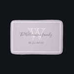 Newlywed Gift Elegant Family Monogram Script Chic  Bath Mat<br><div class="desc">Newlywed Gift Elegant Family Monogram Script Rustic Chic Bath Mat. Personalised white, grey monogram design with newlywed bride and groom's last name and date established on a soft lilac mauve background. A unique gift for newlyweds. Lovely for their new life together. Also a beautiful housewarming gift. Click Personalise this template...</div>