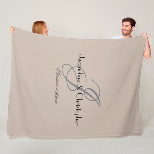 Newlywed Gift Grey Monogram Black Names Warm Beige Fleece Blanket (In Situ)