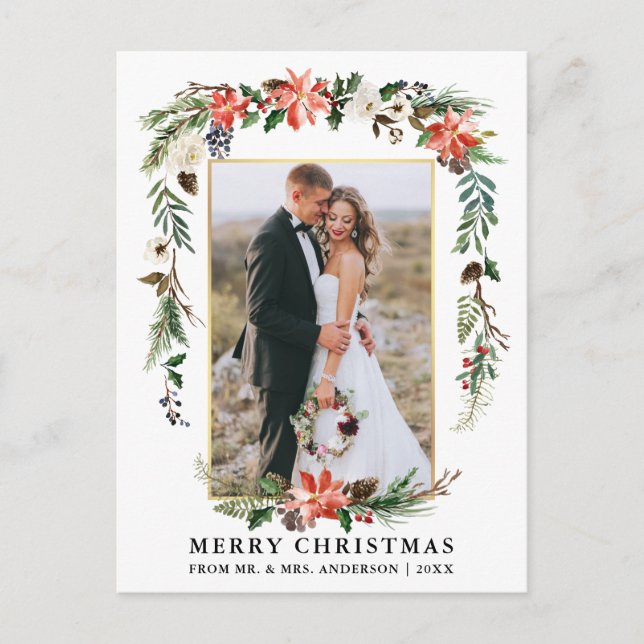 Newlywed Gold Frame Watercolor Winter Floral Postcard (Front)