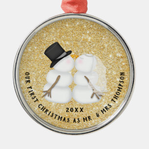 Newlywed Gold Snow Couple First Christmas Metal Tree Decoration