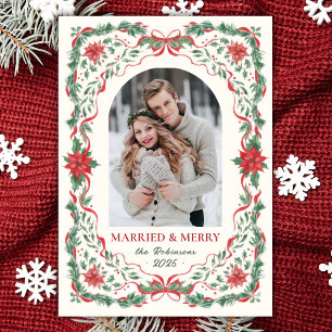 Newlywed Greenery Foliage Bow Photo Christmas Holiday Card