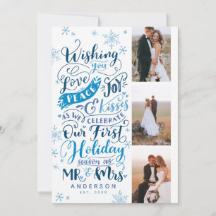 Newlywed Holiday Hand-Drawn   Blue   3-Photo Card