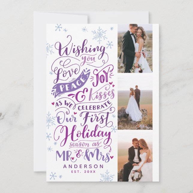 Newlywed Holiday Hand-Drawn | Purple | 3-Photo Card (Front)
