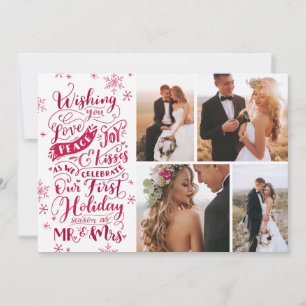 Newlywed Holiday Hand-Drawn Red 4-Photo Card