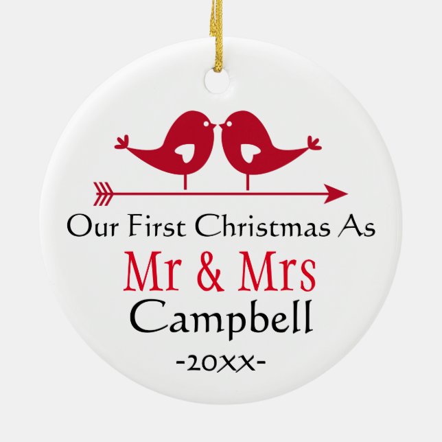 Newlywed Holiday Ornament- Christmas - LoveBirds Ceramic Tree Decoration (Back)