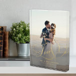 Newlywed love gold script wedding photo custom<br><div class="desc">Personalise this Love heart faux gold calligraphy script custom photo block with bride and groom's names and wedding date and place. Could be a perfect keepsake gift for the newlyweds.</div>
