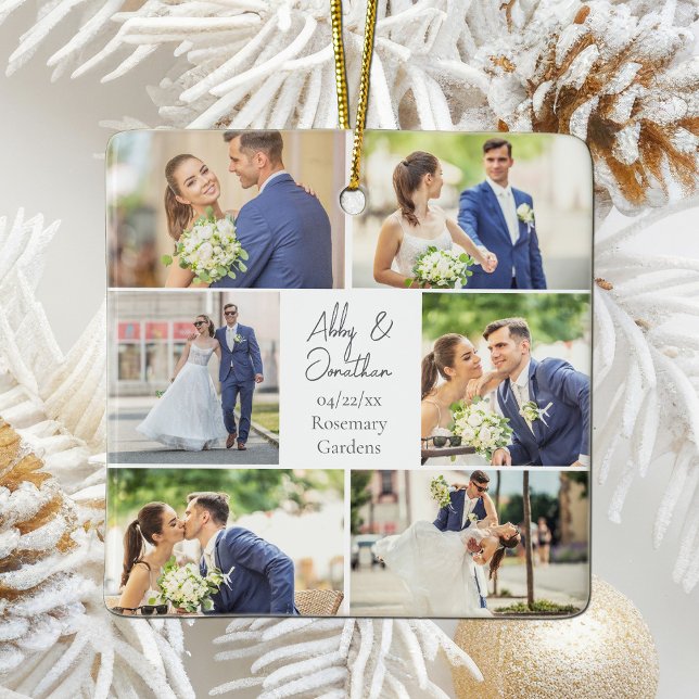Newlywed Married Couple Photo Collage Christmas Ceramic Ornament (Creator Uploaded)