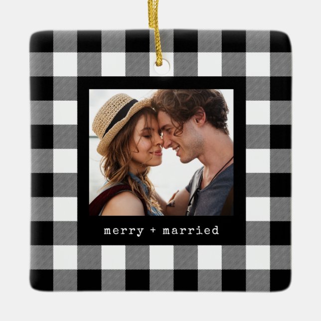 Newlywed Merry and Married Couple's Photo Plaid Ceramic Ornament (Front)