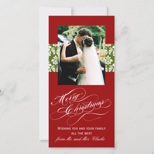 Newlywed Merry Christmas Photo Cards Green Damask (Front)