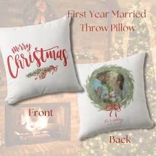 Newlywed Merry Christmas Photo Pine Wreath Cushion