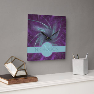 Newlywed Monogram Custom Name Abstract Spiral Square Wall Clock