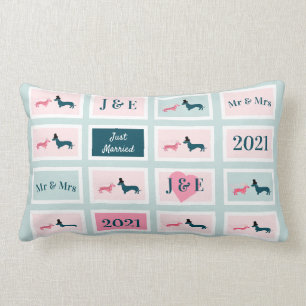 Newlywed Monogram Cute Dachshund Dog Blue Lumbar Cushion