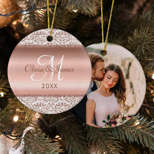 Newlywed Monogram Photo Elegant Rose Gold Ceramic Tree Decoration
