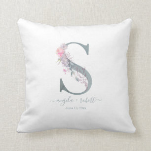 Newlywed Monogram S Blush Pink Watercolor Floral Cushion