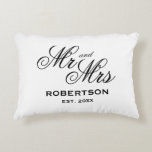 Newlywed Mr and Mrs elegant typography Decorative Cushion<br><div class="desc">Newlywed Mr and Mrs elegant typography Accent Pillow.
Stylish home decor for newlyweds,  bride and groom,  husband and wife,  wedding couple or honeymooners..
Pretty double sided decoration cushion for sofa,  bed or couch.
Black and white or custom custom colours personalised with surname and date of marriage.
Zippered throw pillows.</div>