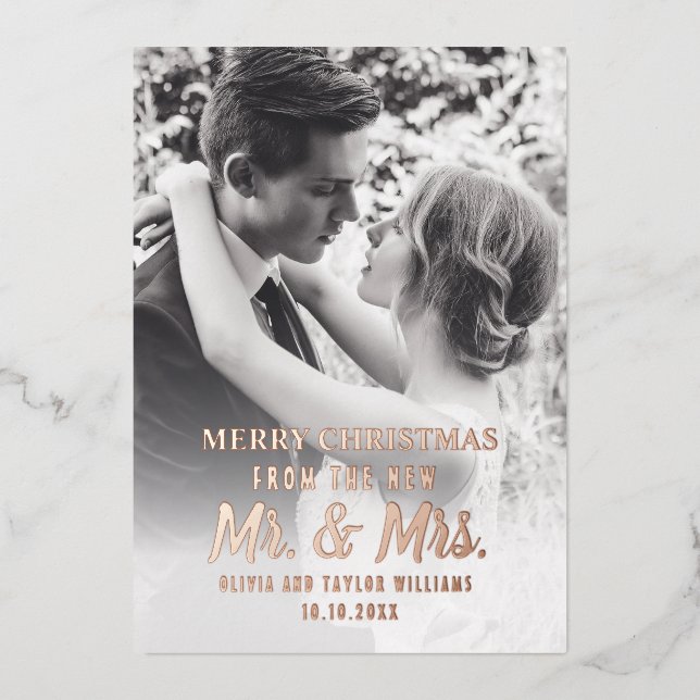 Newlywed Mr And Mrs First Christmas Custom Photo Foil Holiday Card (Front)