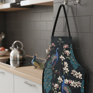Newlywed Mr and Mrs Floral Peacock Black Apron