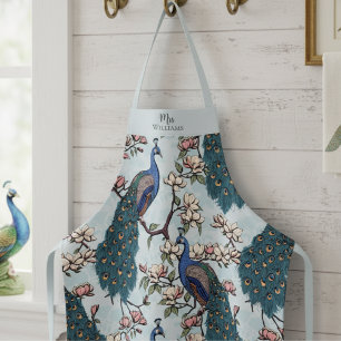 Newlywed Mr and Mrs Floral Peacock Blue Apron