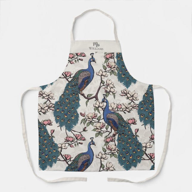 Newlywed Mr and Mrs Floral Peacock Ivory Apron (Front)