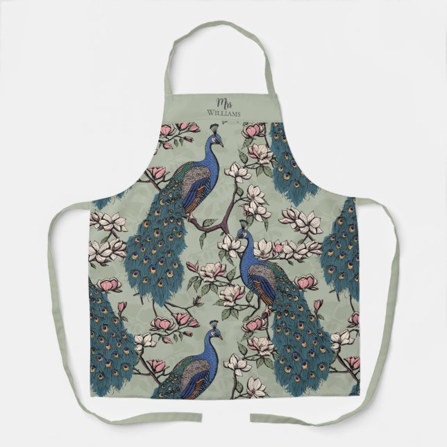 Newlywed Mr and Mrs Floral Peacock Sage Green Apron (Front)