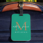 Newlywed Mr Mrs Gold Monogram Names Emerald  Luggage Tag<br><div class="desc">Chic, modern and simple monogrammed luggage tag with the text Mr and Mrs in white elegant handwritten script calligraphy on an emerald green background with your monogram in gold. Simply add your married name, year established and monogram in stylish typography. Perfect luxury gift for the newlywed couple's wedding guests. Exclusively...</div>