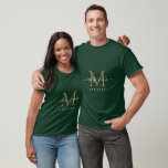 Newlywed Mr Mrs Monogram Names Year Dark Green T-Shirt<br><div class="desc">Chic, modern and simple monogrammed matchboxes with the text Mr and Mrs in white elegant handwritten script calligraphy on a dark green background with your monogram in faux gold. Simply add your married name, year established and monogram in stylish typography. Perfect luxury gift for the newlywed couple's wedding guests. Exclusively...</div>