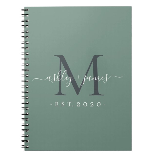 Newlywed Mr Mrs Monogram Names Year Dusty Green Notebook (Front)