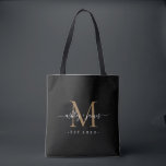 Newlywed Mr Mrs Monogram Names Year Gold Black Tote Bag<br><div class="desc">Chic, modern and simple monogrammed tote bag with your names in white elegant handwritten script calligraphy on a black background with your monogram in gold. Simply add your names, year established and monogram in stylish typography. Perfect luxury gift for the newlywed couple's wedding guests. Exclusively designed for you by Happy...</div>