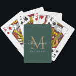 Newlywed Mr Mrs Monogram Names Year Gold Green Playing Cards<br><div class="desc">Chic, modern and simple monogrammed playing cards with the text Mr and Mrs in white elegant handwritten script calligraphy on a dark green background with your monogram in gold. Simply add your married name, year established and monogram in stylish typography. Perfect luxury gift for the newlywed couple's wedding guests. Exclusively...</div>