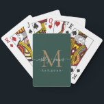 Newlywed Mr Mrs Monogram Names Year Gold Green Playing Cards<br><div class="desc">Chic, modern and simple monogrammed playing cards with the text Mr and Mrs in white elegant handwritten script calligraphy on a dark green background with your monogram in gold. Simply add your married name, year established and monogram in stylish typography. Perfect luxury gift for the newlywed couple's wedding guests. Exclusively...</div>
