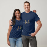 Newlywed Mr Mrs Monogram Names Year Navy Blue T-Shirt<br><div class="desc">Chic, modern and simple monogrammed matchboxes with the text Mr and Mrs in white elegant handwritten script calligraphy on a navy blue background with your monogram in faux gold. Simply add your married name, year established and monogram in stylish typography. Perfect luxury gift for the newlywed couple's wedding guests. Exclusively...</div>