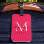 Newlywed Mr Mrs Monogram Names Year Pink Ivory Luggage Tag<br><div class="desc">Chic, modern and simple monogrammed luggage tag with the text Mr and Mrs in black elegant handwritten script calligraphy on a pink background with your monogram in ivore. Simply add your married name, year established and monogram in stylish typography. Perfect luxury gift for the newlywed couple's wedding guests. Exclusively designed...</div>
