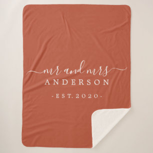 Newlywed Mr Mrs Monogram Year Burnt Ochre Sherpa Blanket
