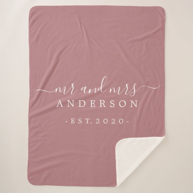 Newlywed Mr Mrs Monogram Year Classic Dusty Rose Sherpa Blanket (Front)