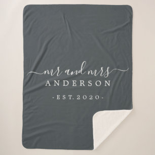 Newlywed Mr Mrs Monogram Year Off-Black Sherpa Blanket