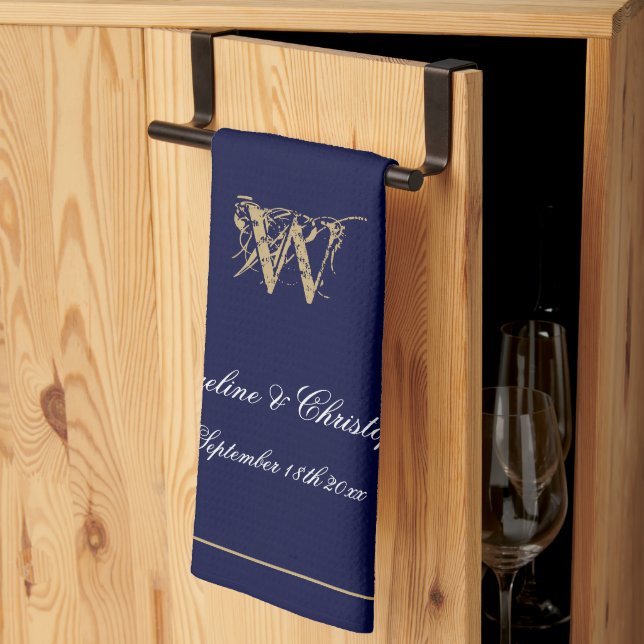 Newlywed Or Wedding Gift Elegant Monogram Navy Tea Towel (Thirds Fold)