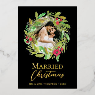Newlywed Photo Gold Black Married Christmas Wreath Foil Holiday Card