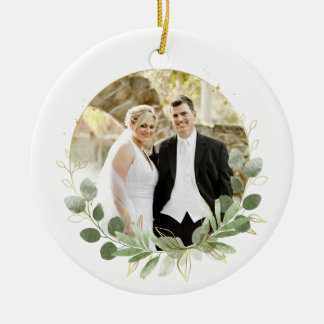 Newlywed Photo Keepsake Elegant White & Leaves Ceramic Tree Decoration